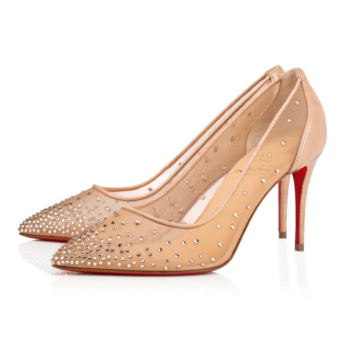 Pantofi Cu Toc Christian Louboutin Follies Strass 085 85 Version Light Silk Piele Intoarsa Pumps Dama Bej | RO46805